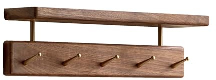 YESWOOD Wandgarderobe aus massivem Nussbaum, 2-in-1 Wandregal & Garderobe, Garderobenleiste für Kleidung, Hüte und Handtücher, 5 Messinghaken, Walnuss