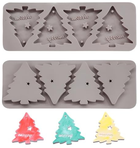 SUJEBKC 1 Stück Silikon Gießform Tannenbäume, 4 Einzelmotive, Dekoration Weihnachten, Ausgießen mit Kreativ-Beton, Schmuck-Beton, Raysin-Gießpulver, Wachs