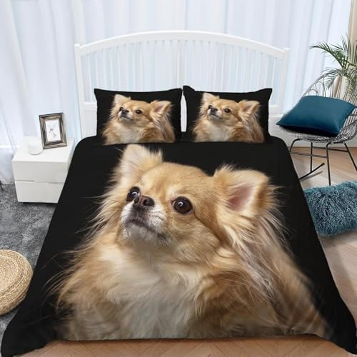 Bettwäsche 135x200 Kinder Chihuahua Weich Mikrofaser Niedliche Tiere und Haustiere Bettwäsche-Sets 3D Bettbezug 3 Teilig Bettbezüge mit Reißverschluss und 2 Kissenbezug 80x80 E-470