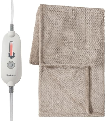 Brookstone Heated Herringbone Throw Blanket - Heat Blankets Electric - Faux Fur Heated Throw Blanket- 4 Heat Settings, 4-Hour Auto Shut Off, 100% Polyester, 50x60 - Taupe