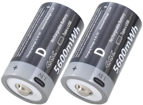 Mllepjdh 2Pcs 1.5V 5600mWh USB Rechargeable D Size Battery LR20 Cell Batteries For Cooker Water Heater Toy Accessories Size Rechargeable Battery