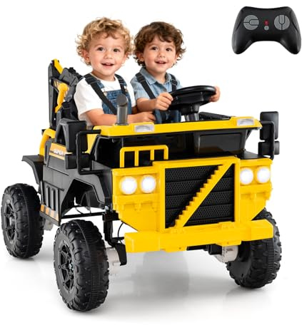 GOPLUS Kinder Elektro Bagger, 24V Aufsitzbagger mit 3 Sitzen, Schaufel, Musik & LED-Lichtern, Kinderfahrzeug mit Sound, Hupe & Fernbedienung, Sitzbagger für 3-8 Jahre