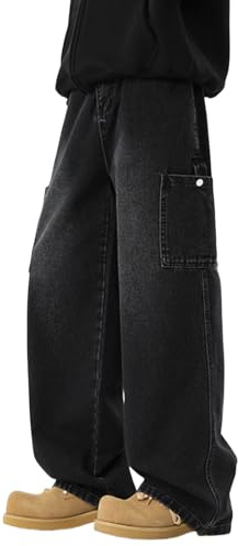 PADOLA Jeans Uomo Vintage Baggy Y2K Streetwear Pantaloni Cargo da Lavoro Larghi a Taglio Dritto Vita Elasticizzata Posteriore Lavaggio Sbiadito e Multi Tasche(XXL,Nero)