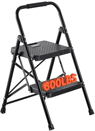 VEVOR Escabeau Pliant 2 Marches Marchepied Pliable Charge 272 kg Échelle Domestique en Acier pour Cuisine, Bureau, Travaux Ménagers, avec Large Marche Antidérapante, Poignée, Léger et Portable, Noir