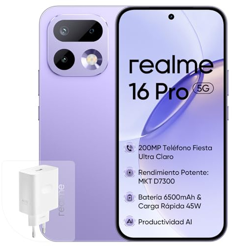 realme 16 Pro 5G Smartphone, 8+256GB, Cámara 200MP OIS, Batería 6500mAh, Pantalla Plana 6,78 144Hz, Carga Rápida 45W, Funciones IA, IP69, Dual SIM, Violeta (con Adaptador)