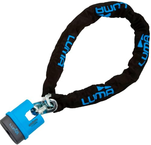 Cadena antirrobo LUMA 28 CHAIN – Cadena de seguridad en acero endurecido con llave reversible – Resistente al impacto, protección contra vandalismo y clima para motos y bicicletas.. (Azul, 150 cm)