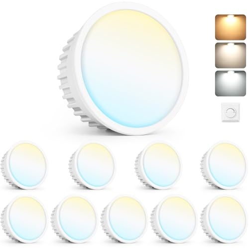 YindaLux 10x Moduli LED 230V Dimmerabili, Ultra Sottili Ø50x23mm, 5W 500LM IP44, Angolo 120°, Ricambio GU10/MR16, 3 Colori 2700K/4000K/6500K, per Faretti Incasso Plafoniera Spot