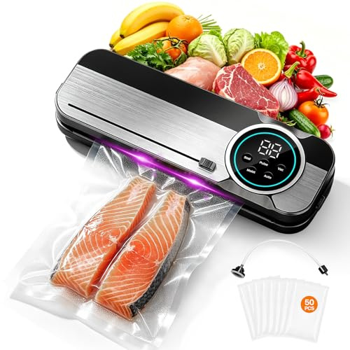 RoserRose 6 in 1 Vacuum Sealer Machine with 50 Vacuum Sealer Bags, Vacuum Food Sealer Machine with 75 KPA Powerful Suction, Vac Pack Machine for Preserving Meat, Vegetables, Snacks, Fruits