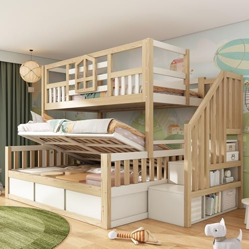 Mrwoo Etagenbett 90/140x200 cm mit Hydraulikfunktion und Treppe Stauraum, Kinderbett mit Großer Stauraum und Hüttenstil, Hochbett mit Fenster, Weiß + Eichefarbe(Ohne Matratze)