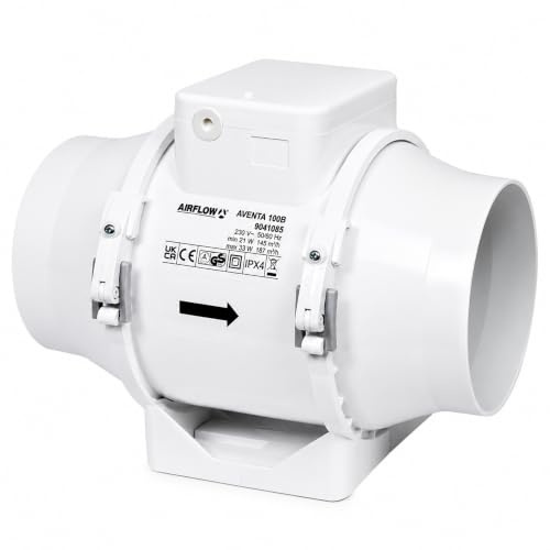 Airflow Aventa 100B Aspiratore In-Linea a Flusso Misto – Ventilazione 21W a Risparmio Energetico, 40–52 l/s (145–187 m³/h), IPX4, Condotto 100mm, 3 Anni Garanzia