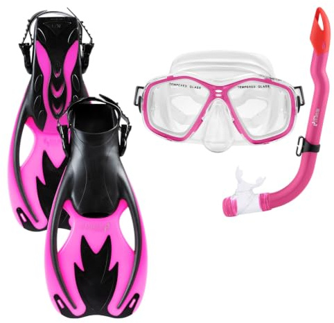 Two Bare Feet Snorkel, Mask and Fins/Flippers PVC Diving Set (Kids) With Anti Fog and Wide View Mask, Anti-Leak, Tempered Glass- Scuba Dive Snorkelling Sets (S/M (Childs 9-13), Pink)