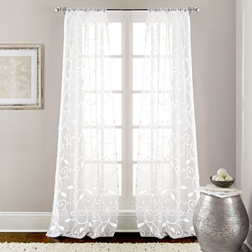 Modern Threads Leaf Swirl Embroidered Sheet Panel Curtains 2 Panels White