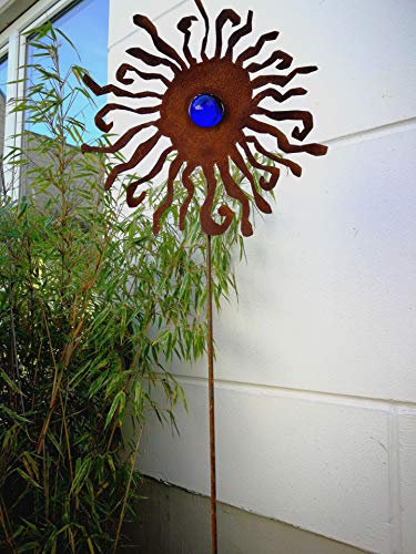 Zen Man 031930-DB Patina Garden Stake Glass Ball Grate Metal Garden Ornament Garden Decoration Grate Garden Glass Ball Handmade Dark Blue Height 120 x 40 cm