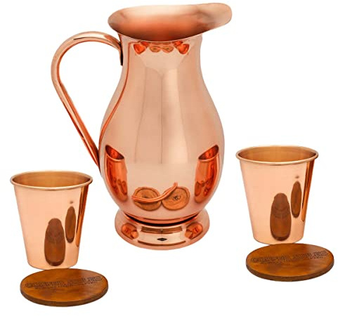 Pichet en cuivre pur (200 ml) et lot de 2 incroyables gobelets en cuivre avec finition lisse intemporelle