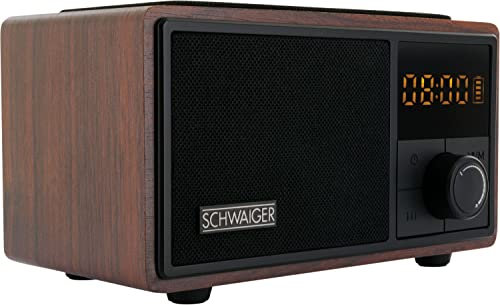 SCHWAIGER 715729 Radio Despertador analógico Estación de Carga QI FM Altavoz Bluetooth Caja de música Radio AUX Micro-SD Cargador inalámbrico Reloj Despertador Inteligente Aspecto Madera