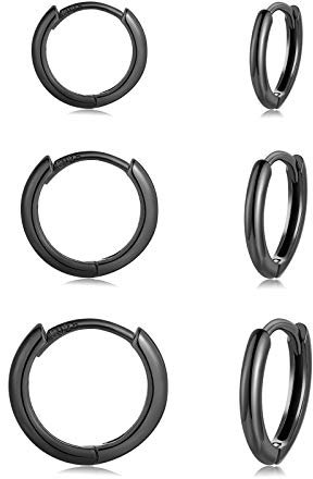 CERSLIMO Creolen Silber 925, Ohrringe Silber Schwarz für Damen Herren, Klein Creolen Schwarz Set (8mm/10mm/12mm) Zierliche Knorpel Tragus Helix Schlafen Ohrringe