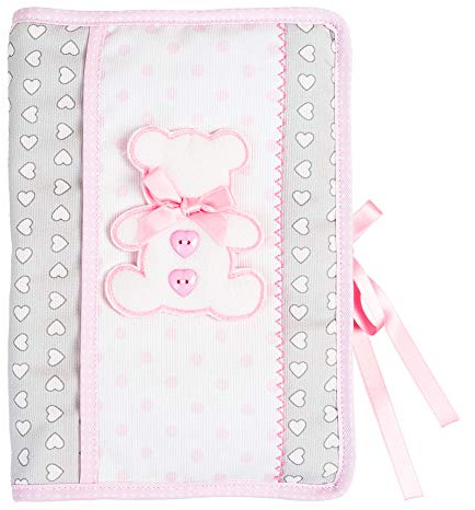 FILET - Cache Livret Sanitaire avec Broderie en Forme d’Ours, Couverture Documents Sanitaires Bebè, Compatible avec Chaier de Santé de l’Enfant Formulaire CERFA no 12593 * 02, Couleur Gris et Rose