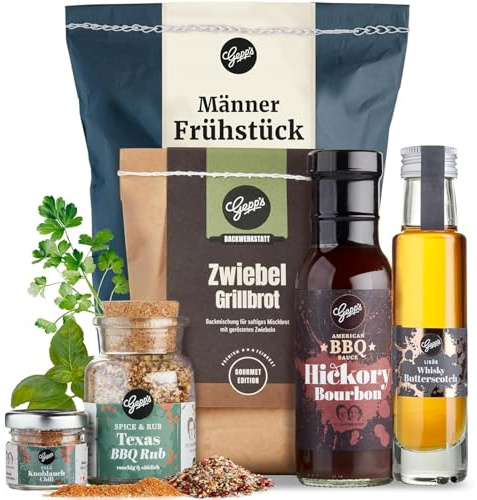 Gepp’s Feinkost Männerfrühstück Wundertüte I Geschenkidee für Männer | Mit Bio Grill- und BBQ Sauce, Whiskey, Texas Super Rub, Black Lava Salz & Grillbrot I Geschenk für Mann