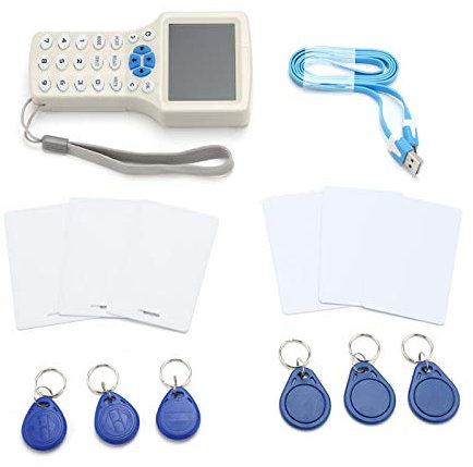 Inglés multifrecuencia RFID ID/lector de tarjetas IC escritor copiadora duplicadora, multifrecuencia RFID ID/IC tarjeta copiadora lector escritor + IC ID llavero + cable USB