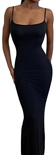 Women Spaghetti Strap Sleeveless Long Dress Solid Color Bodycon Fish Tail Dress Party Evening Maxi Dress (Black, S)