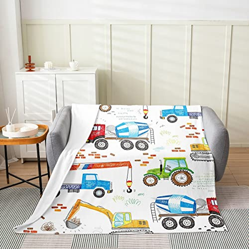 Cartoon-Bagger-Überwurfdecke für Kinder Jungen Mädchen Cartoon-Fahrzeuge Fleecedecke Kinderbaustelle Auto Flanelldecke Schlafzimmer Sofa Dekoration Bunte Traktor-LKW-Plüschdecke warm weich, 150 x 200
