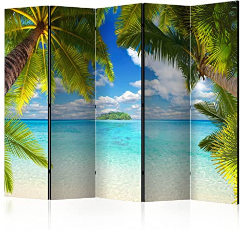 murando - Maritim Paravent Raumteiler Ozean, Palmen, 225x172 cm, 5-teilig | Mobiler Sichtschutz, sofort einsatzbereit, Holzrahmen, ideal fürs Wohnzimmer oder Spa, geruchsneutral, lichtbeständig, robust