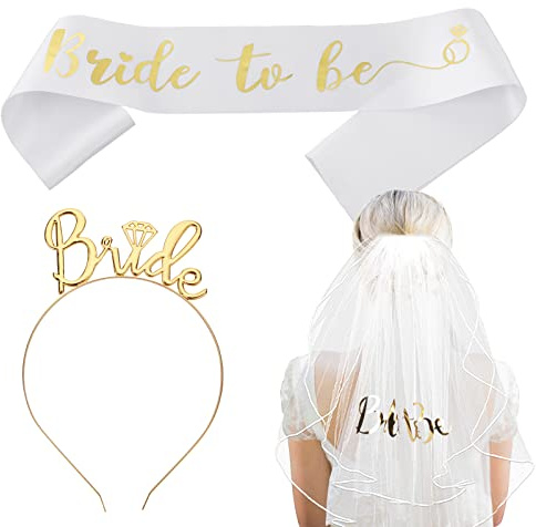 3 Stück Bride-to- be Schärpe Schleier Haarband Gold JGA Schärpe Weiß Brautschleier Damen Junggesellinnenabschied Zubehör Hochzeit Fotografie Spielzubehör