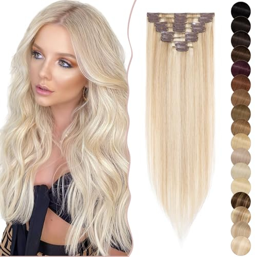 SEGO Extensions Clip in Haarverlängerung Echthaar Haarteile 8 Teiliges SET Haarteil 100% Menschliches Remy Human Haar Weiche Seidige dünn glatt 20(50cm)-70g Honigblond/Hellblond #18p613