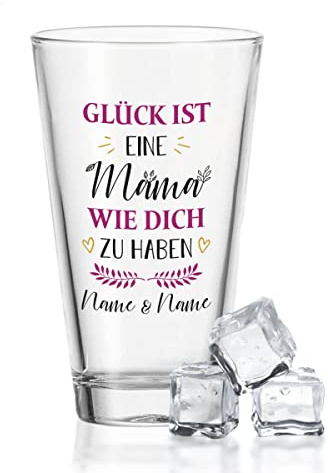 GRAVURZEILE Leonardo Wasserglas mit UV-Druck - im Glück ist eine Mama Design - mit Wunschnamen - Geschenk zum Muttertag für die beste Mama der Welt