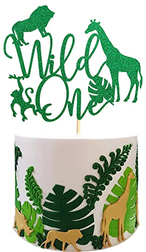 Arthsdite Wild One Birthday Cake Topper - Real Wild Child First Birthday - Jungle Safari Animals Giraffe Lion Monkey Leaf Cake Decor Party Decoration - Green Glitter