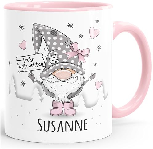 SpecialMe® Kaffee-Tasse Frohe Weihnachten Wichtel Weihnachtsmotiv mit Namen persönliche Geschenke Weiss-innen-rosa standard