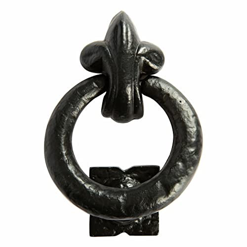 Fleur De LYS Black Antique Ring Door Knocker,Cast Iron Ring Knocker,Traditional Black Ring Front Door Knocker, Rustic Black Iron Door Knocker, Vintage Black Door Knockers for Front Door