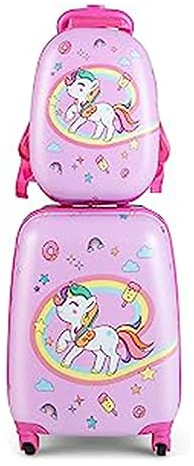 GOPLUS Kinderkoffer mit Rucksack, Kids Trolley, Kindergepäck mit Rollen, Reisekoffer mit Teleskopgriff, Hartschalenkoffer für Kinder, Kindertrolley Farbwahl (Kleines Einhorn, 12+16)