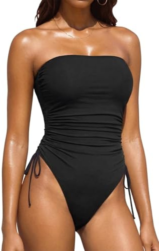 Yonique Women One Piece Tummy Control Swimsuit Strapless Bandeau Bathing Suit Cheeky Swimwear, Pure Black, Small