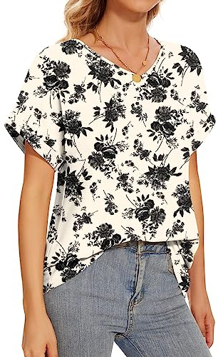 Bestbee Womens Dressy Chiffon Blouses 2026 Summer Short Sleeve Shirts Casual T-Shirts V Neck Flowy Tunic Tops Lightweight, Black Flower Beige, XL