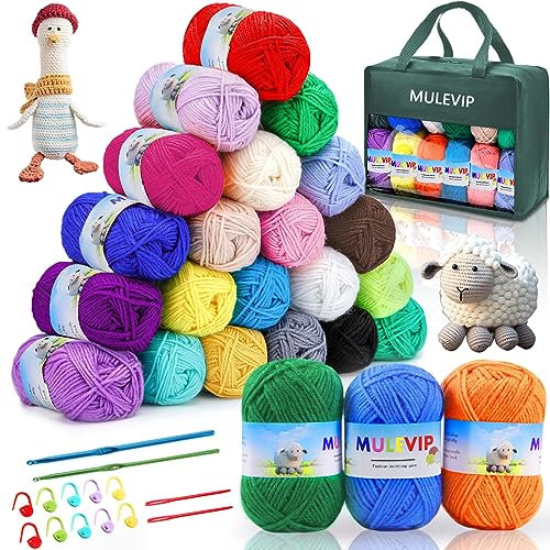 MULEVIP Häkelgarn 24 Farben Acrylwolle Set Häkelgarn Baumwolle Baumwolle zum Häkeln,Häkelgarn mit Häkelnadeln Knöpfen,40g Baumwollgarn,Wolle zum Stricken zur Herstellung von Hüten,Handschuhen