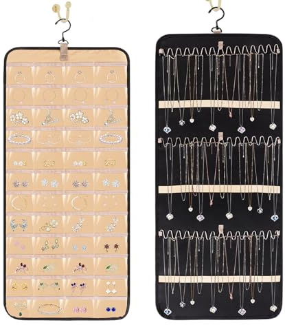 Minicoco 1Pcs Dual-sided Jewelry Organizer Hanging with Metal Hooks,Hanging Jewelry Organizer 48 Pockets and 3 Wave-Shaped Hooks,Jewelry Roll for Earrings,Necklaces (Dual-sided 2colour-48 Pockets)
