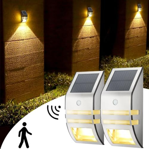 KZT 2 Stück Solar Wandleuchte Aussen mit Bewegungsmelder LED Solarleuchten für Außen IP65 Wasserdichte Solarlampen 3000K Warmweiß Aussenleuchte für Veranda Terrasse Pfad Garage Zaun Gartenbeleuchtung