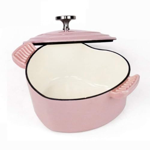 Olla de hierro fundido esmaltado con tapa, cacerola en forma de corazón de 1,9 L, sartén rosa antiadherente, olla pequeña ideal para cocinar multifuncional