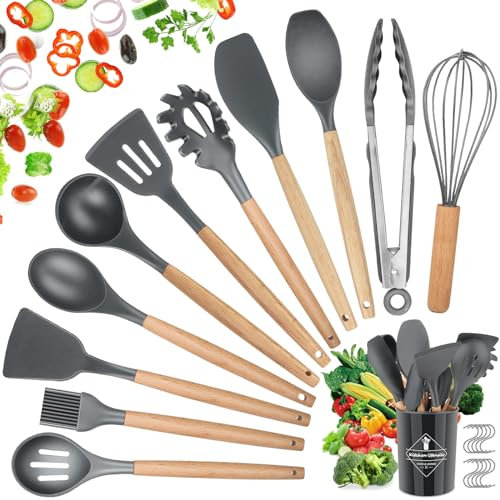 Utensili Cucina Set, hicoosee 22 Pezzi Senza BPA Mestoli Cucina Silicone con Manico in Legno Antiaderenti da Cucina Strumento di Cottura Termoresistenti con 10 S Ganci, Grigio 01