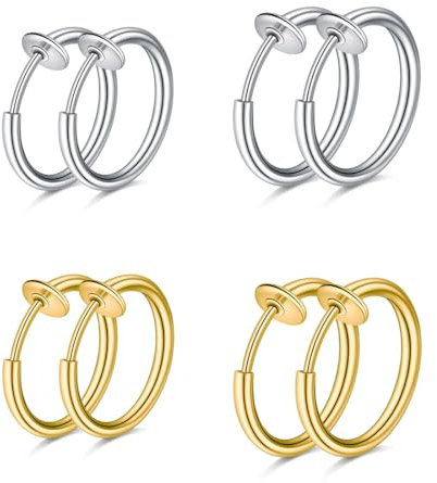 WKRTDY 4 Paar Edelstahl-Ohrclips für Männer & Frauen, gefälschte Ohrringe, kein Piercing notwendig, Ohrringe in Hoop-Ring- & Ear-Cuff-Design, perfekt für Männer & Mädchen, Gold und Silber
