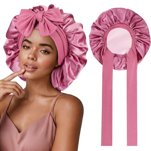 Kiiwah Satin Schlafmütze Silk Bonnet, Verstellbare Seidenhaube zum Schlafen Doppelseitig Nacht Haarhaube Kopfhaube Schlafhaube Seide Duschhaube für Damen und Mädchen