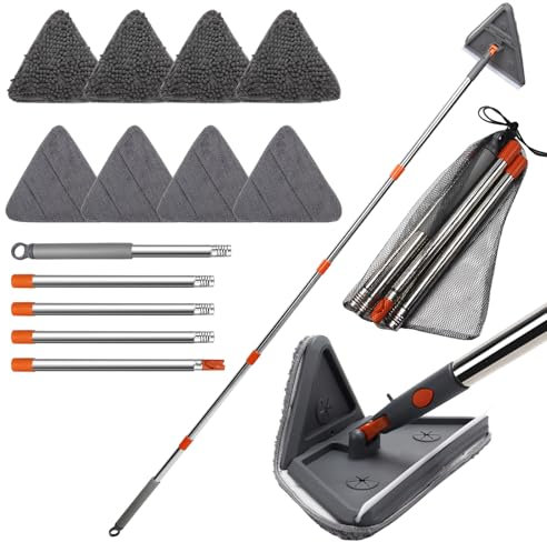 Sayene Wall mop Cleaner with Long Handle,Wall Cleaning mop with Extension Pole 29 to 85,360° Folding Rotating Baseboard Cleaner Tool with 8 Replacement Pads for Painted Walls, Window, Floor,Ceiling