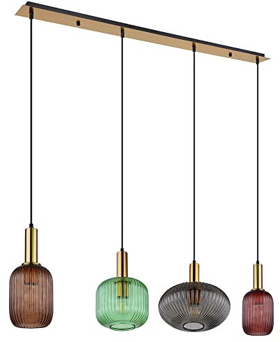 LED Pendelleuchte Hängelampe Esszimmerleuchte 4-flammig Retro Designlampe, Bunte Glasschirme, Metall, messing schwarz, 4x 7W 4x 806lm warmweiß, LxBxH 115x30x120 cm