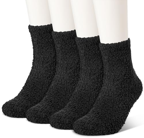 Zuimei 4 Pairs Women's Black Fluffy Winter Socks - Warm Thick Fuzzy Soft Coral Fleece Floor Socks for Sleeping, Home - Cozy Bed Slippers