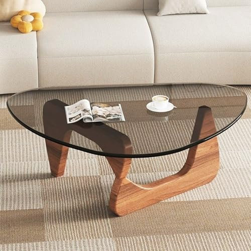 Table basse triangulaire en verre du milieu du siècle avec base massive en bois et verre trempé épais, table d'appoint pour salon, bureau à domicile (gris, 114 x 82 x 41 cm)