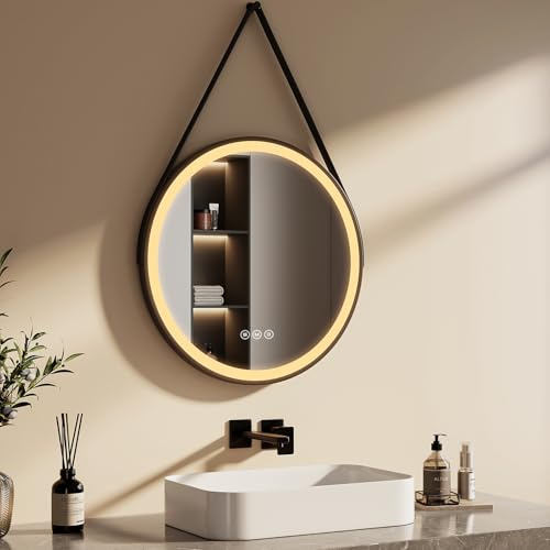 EMKE Schwarzer Runder Badspiegel mit Beleuchtung 60cm, Antibeschlag | Badezimmerspiegel mit 3 dimmbaren Lichtfarben, Touchschalter, Speicherfunktion, Rund Spiegel mit Spiegelband