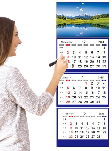 Vertikaler 3-Monats-Kalender 2025, Urlaubs-Blöcke-Kalender, 3-Monats-Wandplaner 2025, extra große Datumsblöcke, 33,5 x 22 x 2 cm, perfekt für Zuhause