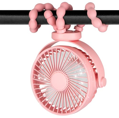 PaPaFboy Ventilador Portátil para Cochecito,Ventilador Carrito Bebe Recargable, 20 Horas 3 Velocidade 360°Rotación Baby Fan para Cochecito,Coche,Viajes,Camping Rosa