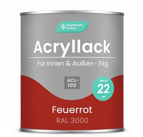 Grundmann Acryllack ACL 100 - Rot 3 Kg - 4in1 Lack inkl. Grundierung - Innen und Außen - Für Holz, Metall, Stein & Kunststoff - Feuerrot RAL 3000